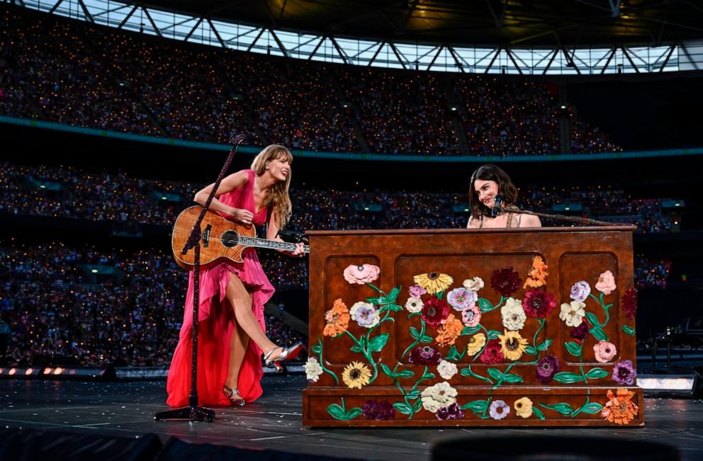 PHOTO: Taylor Swift and Gracie Abrams perform on stage during "Taylor Swift | The Eras Tour" at Wembley Stadium on June 23, 2024 in London.