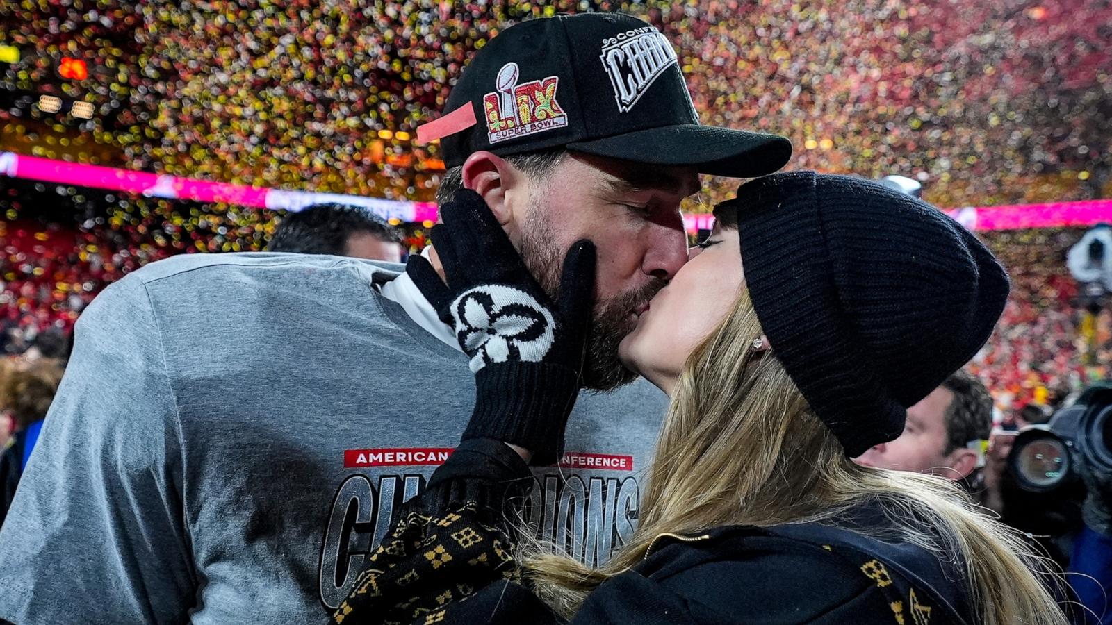 PHOTO: Kansas City Chiefs tight end Travis Kelce and Taylor Swift kiss after the AFC Championship NFL football game against the Buffalo Bills, Sunday, Jan. 26, 2025, in Kansas City, Mo.