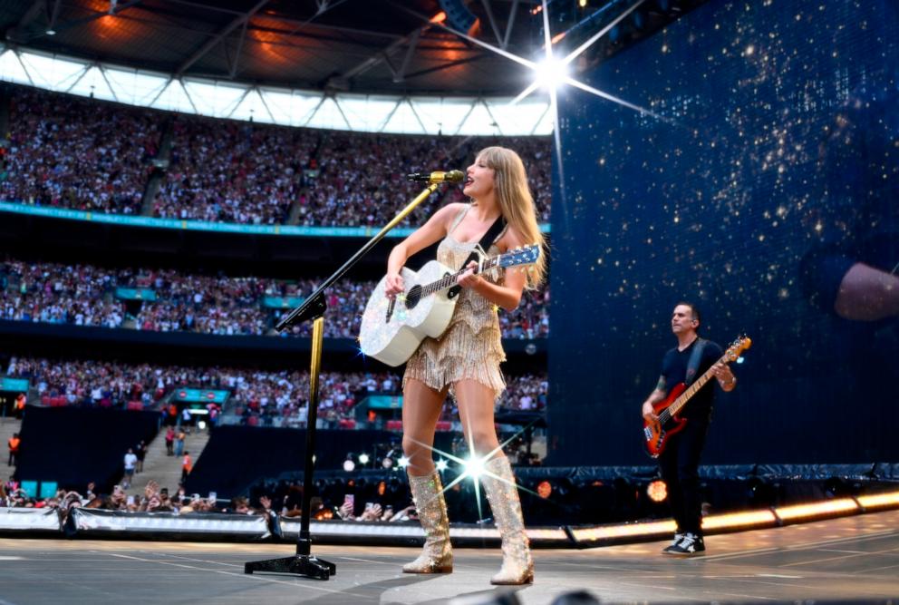 PHOTO: Taylor Swift performs on stage during "Taylor Swift | The Eras Tour" at Wembley Stadium on June 23, 2024 in London.