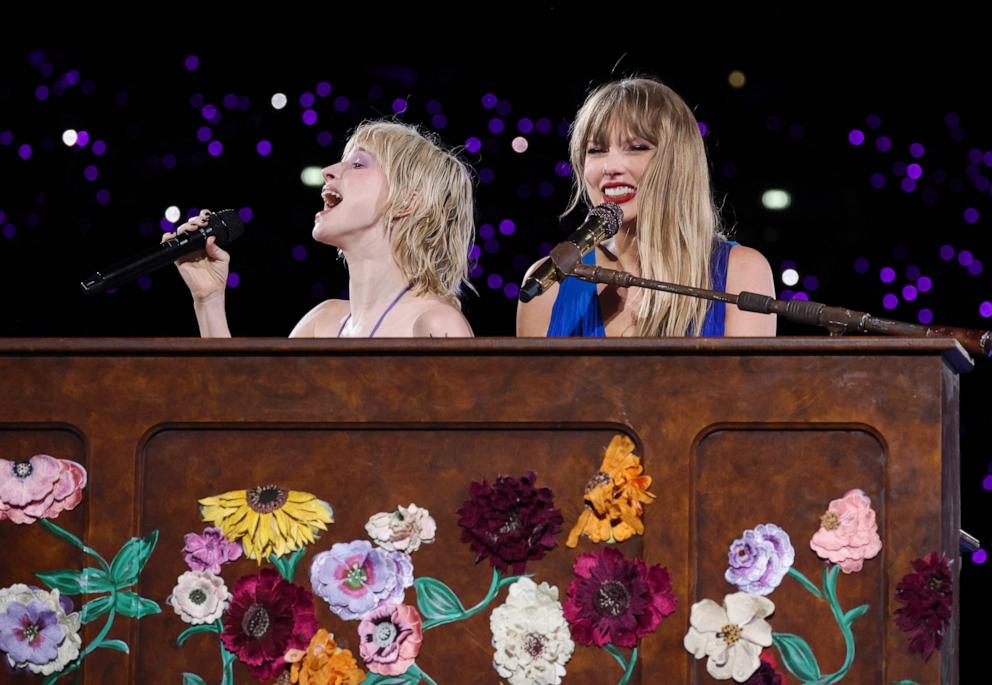 PHOTO: Taylor Swift (R) and Hayley Williams of Paramore perform a duet on stage during "Taylor Swift | The Eras Tour" at Wembley Stadium on June 22, 2024 in London.