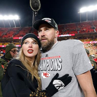 PHOTO: Taylor Swift celebrates with Travis Kelce #87 of the Kansas City Chiefs after defeating the Buffalo Bills 32-29 in the AFC Championship Game at GEHA Field at Arrowhead Stadium on Jan. 26, 2025, in Kansas City, Missouri. 