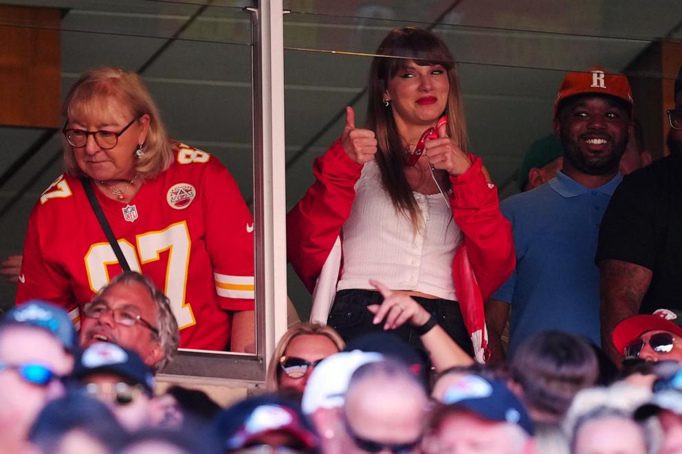 PHOTO: In this Sept. 24, 2023, file photo, Donna Kelce and Taylor Swift are seen during the first half of a game between the Chicago Bears and the Kansas City Chiefs at GEHA Field at Arrowhead Stadium, in Kansas City, Missouri. 