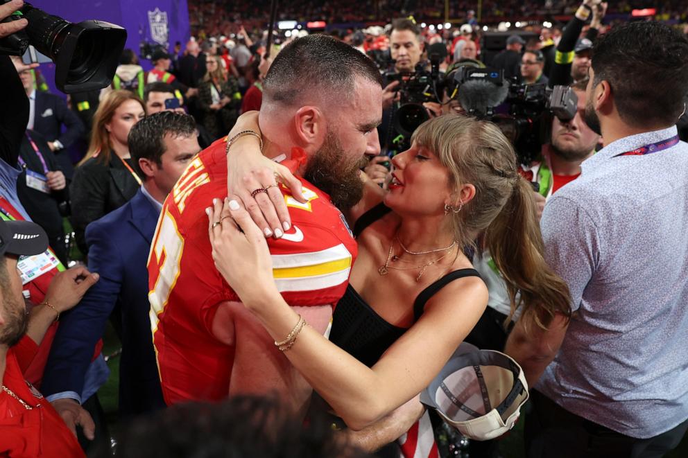 PHOTO: In this Feb. 11, 2024, file photo, Travis Kelce of the Kansas City Chiefs kisses Taylor Swift after defeating the San Francisco 49ers 25-22 in overtime during Super Bowl LVIII at Allegiant Stadium in Las Vegas.