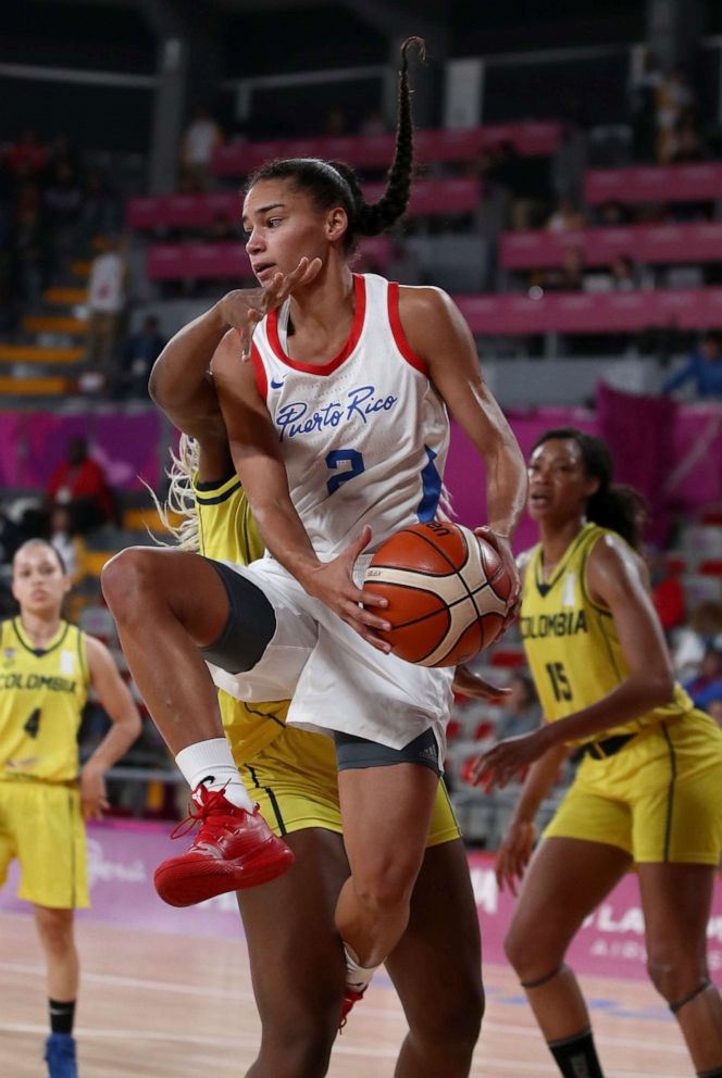 PHOTO: Tayra Melendez of Puerto Rico drives on Yuliany Paz of Colombia during their bronze medal women's basketball game on Day 15 of Lima 2019 Pan American Games at Eduardo Dibós Coliseum in Lima, Peru, Aug. 10, 2019.