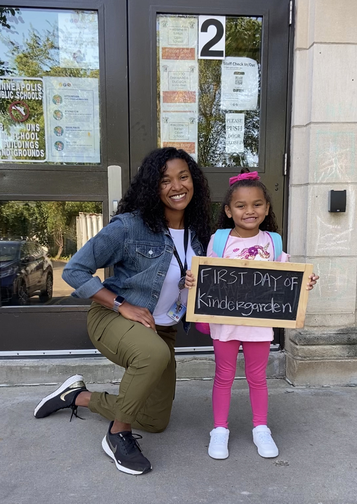PHOTO: Lindsey West, a fifth grade teacher at Clara Barton Community School, seen here with her daughter on her first day of school in Minneapolis.