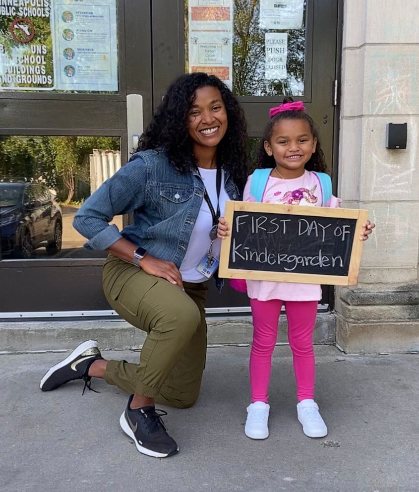 PHOTO: Lindsey West, a fifth grade teacher at Clara Barton Community School, seen here with her daughter on her first day of school in Minneapolis.
