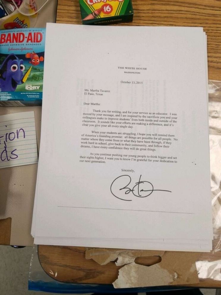 PHOTO: Martha Tavarez of Barron Elementary School in El Paso, Texas, said she received letters from Joe Biden and Kamala Harris. Tavarez also has notes from Barack Obama, George W. Bush and George H.W. Bush as well as former first lady Melania Trump.