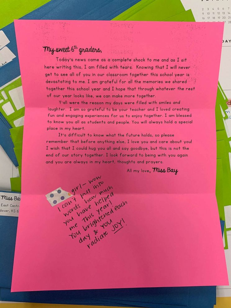 PHOTO: Sixth-grade teacher Victoria Bay typed out a note for her students then added a handwritten personal message to each one.