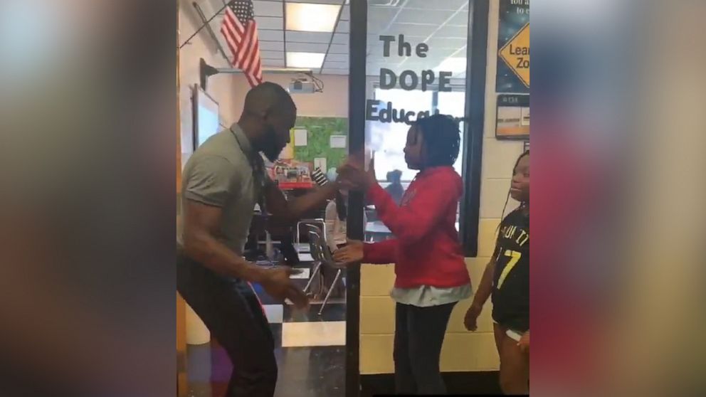 PHOTO: David Jamison, a language arts teacher at Hickory Ridge Elementary School in Memphis, Tennessee, memorized the individual greetings from each of the 75 students he teaches. 