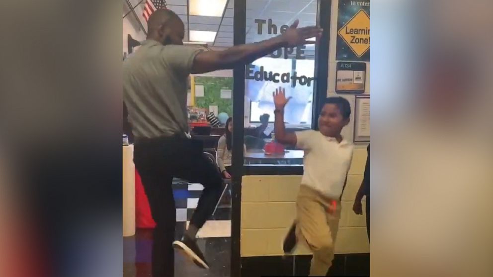 PHOTO: David Jamison, a language arts teacher at Hickory Ridge Elementary School in Memphis, Tennessee, memorized the individual greetings from each of the 75 students he teaches. 