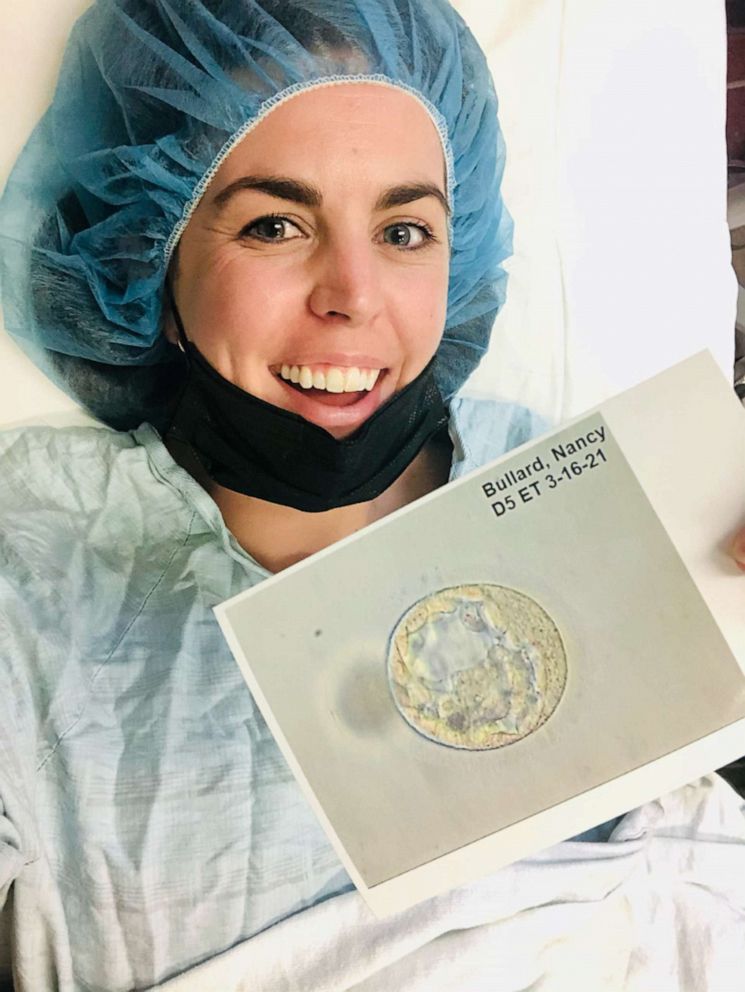 PHOTO: Nancy Bullard shows a picture of the embryo of Baby Sam while at her appointment for IVF embryo transfer at Reproductive Endocrinology Associates of Charlotte (REACH) in Charlotte, N.C., March 16, 2021.