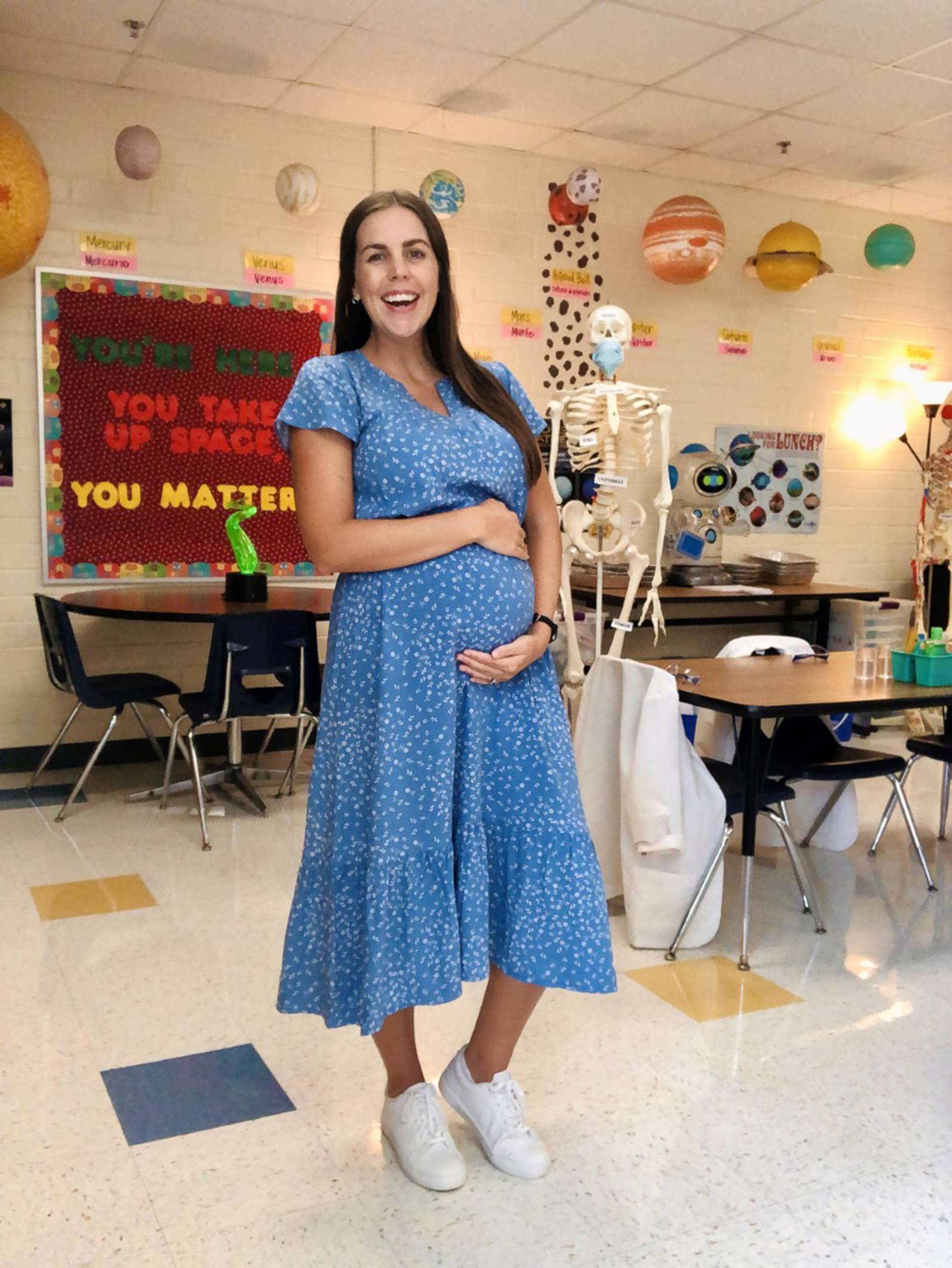 PHOTO: Science teacher Nancy Bullard poses in her classroom on the last day of school in Charlotte, N.C, March 16, 2021.