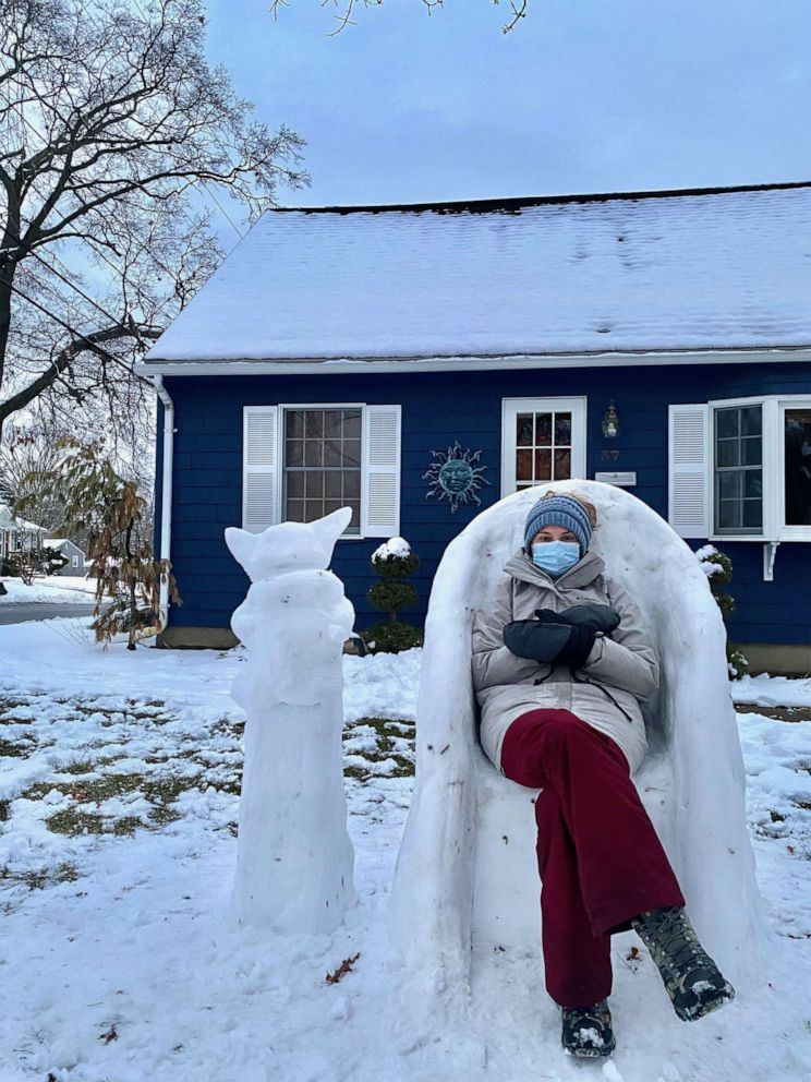 PHOTO: Katina Gustafson, an art teacher from East Providence, Rhode Island, made a Bernie Sanders-inspired snow sculpture in front of her home to keep students entertained.