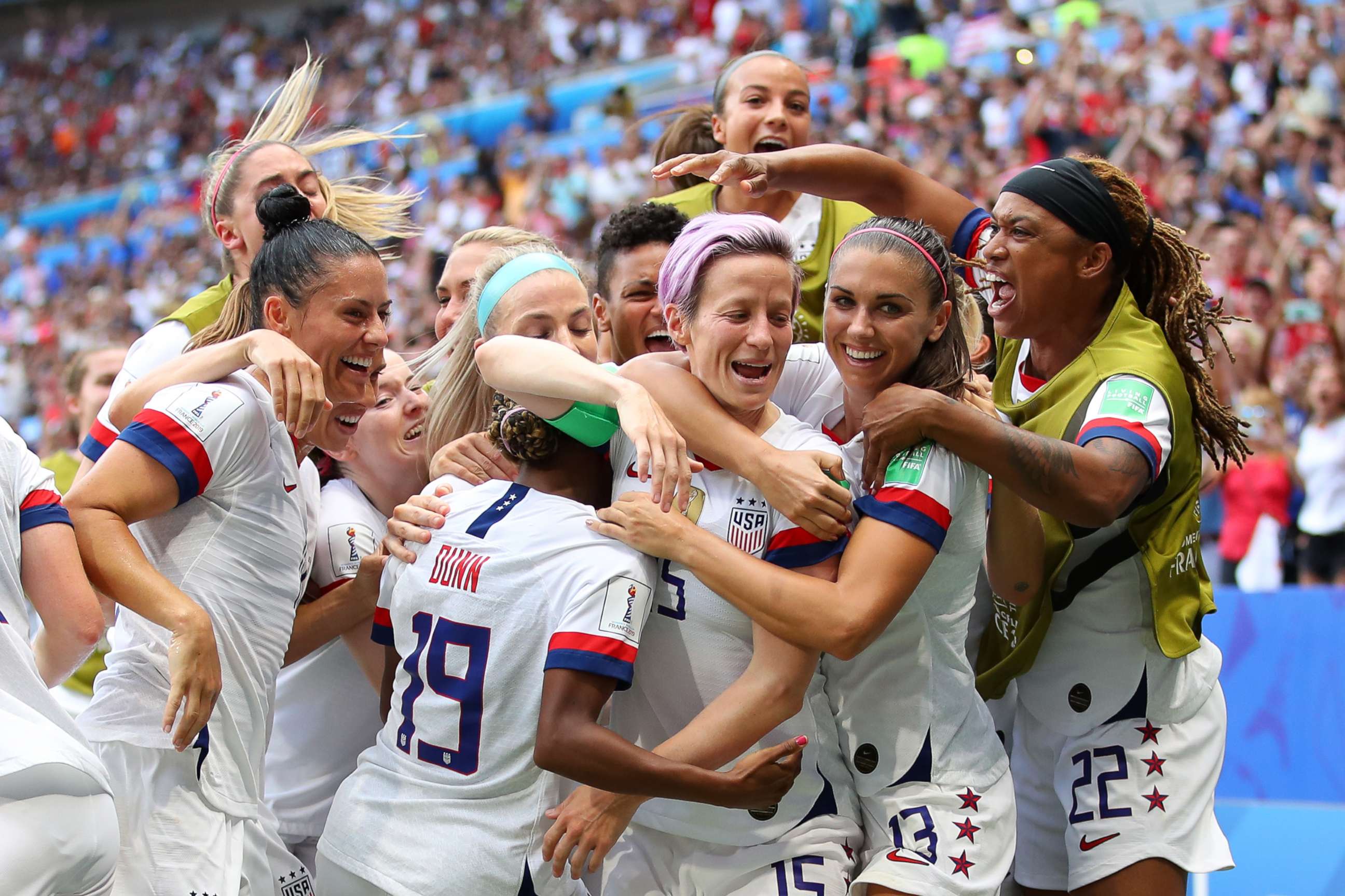 PHOTO: Megan Rapinoe of TEAM USA celebrates with teammates after scoring her team's first goal during the 2019 FIFA Women's World Cup France final between The U.S. and the Netherlands at Stade de Lyon on July 07, 2019 in Lyon, France.