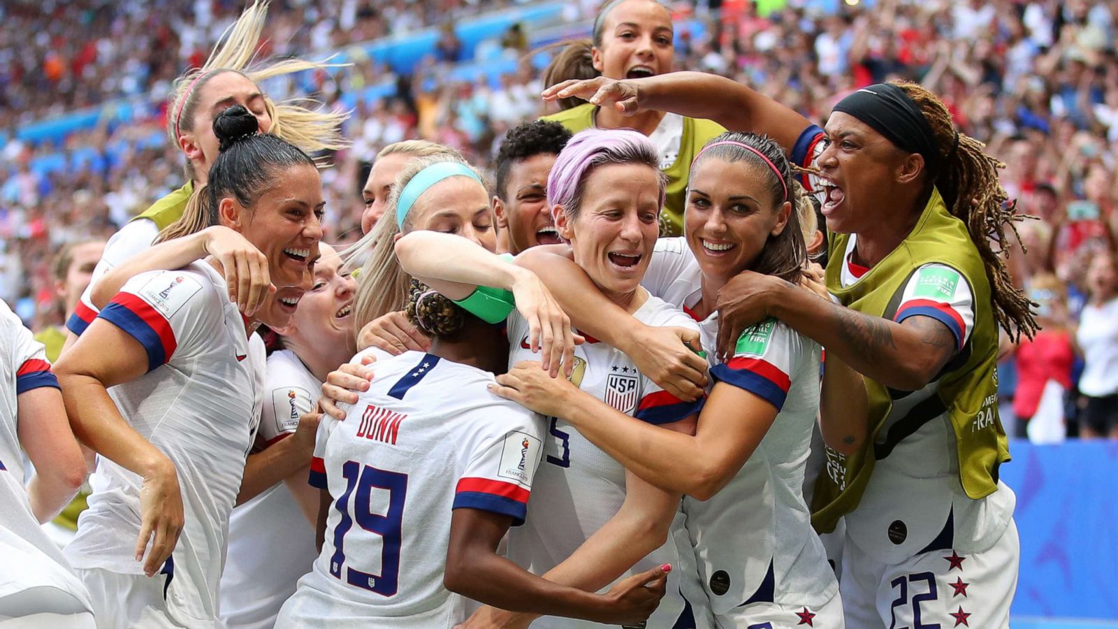 PHOTO: Megan Rapinoe of TEAM USA celebrates with teammates after scoring her team's first goal during the 2019 FIFA Women's World Cup France final between The U.S. and the Netherlands at Stade de Lyon on July 07, 2019 in Lyon, France.