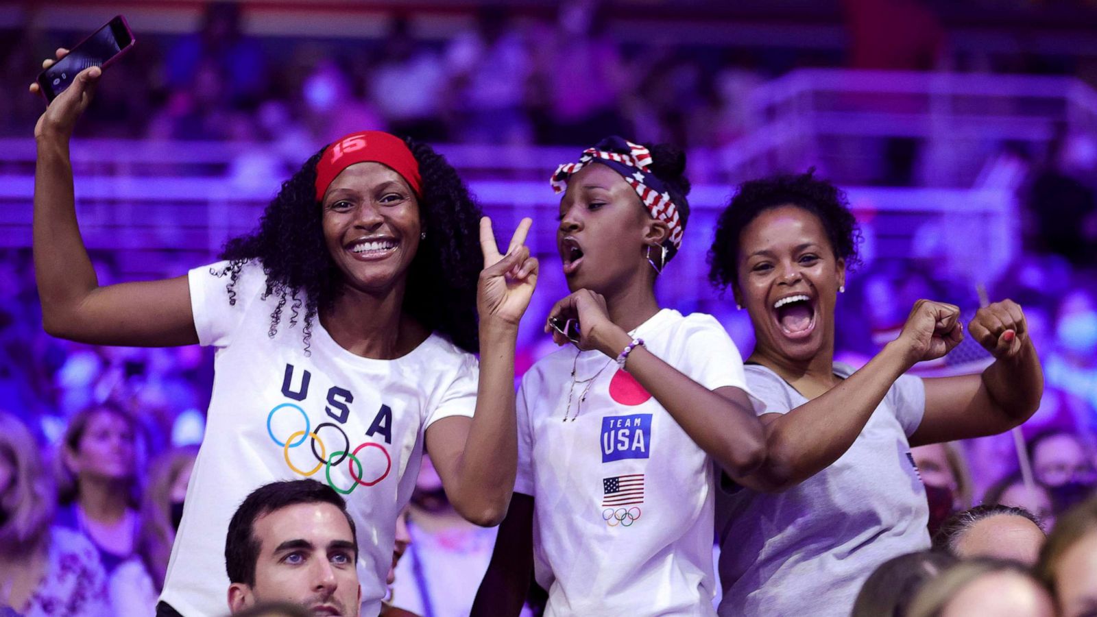 PHOTO: Fans pose during the Women's competition of the 2021 U.S. Gymnastics Olympic Trials, June 27, 2021, in St Louis.