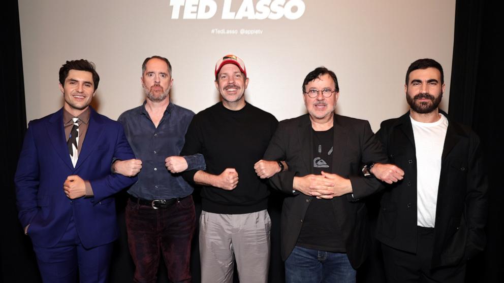 PHOTO: Phil Dunster, Brendan Hunt, Jason Sudeikis, Jeremy Swift and Brett Goldstein attend the FYC screening and Q&A of the Apple TV+ award-winning comedy "Ted Lasso" at Directors Guild Of America on December 15, 2023 in Los Angeles, California.