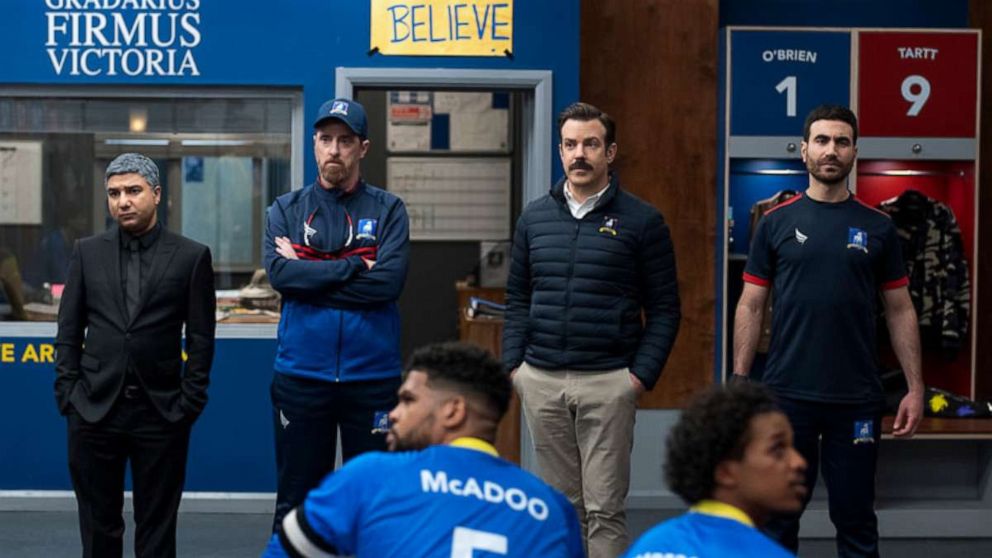 PHOTO: From left: Nick Mohammed, Brendan Hunt, Jason Sudeikis, and Brett Goldstein are shown in a scene from "Ted Lasso."