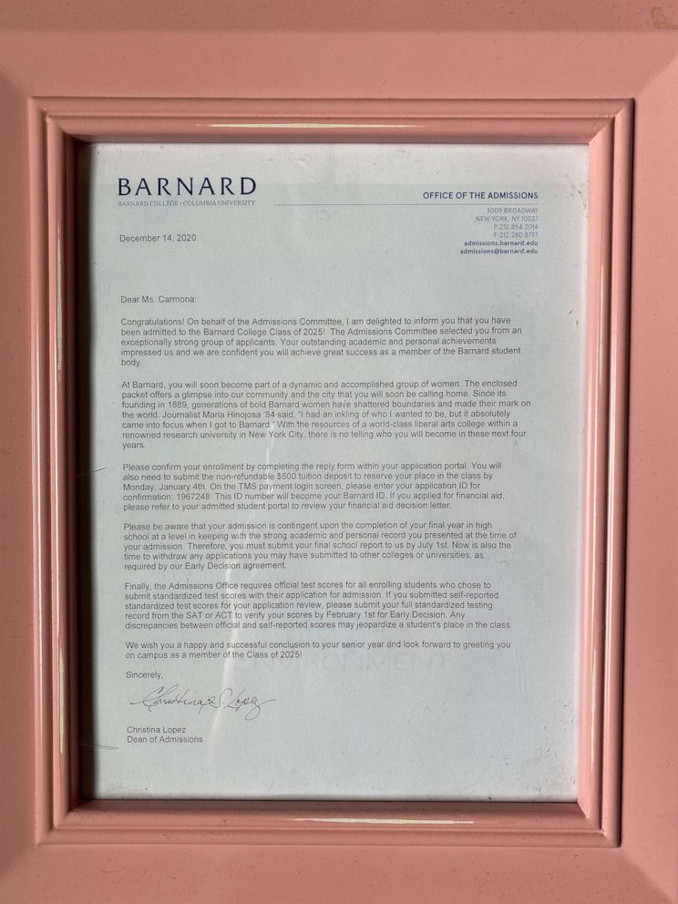 PHOTO: 
Alondra Carmona, 18, a senior at Yes Prep East End in Houston, Texas, was recently accepted to Barnard College-- an elite Ivy League liberal arts college for women located in New York City. Seen in this photo is Alondra's acceptance letter.