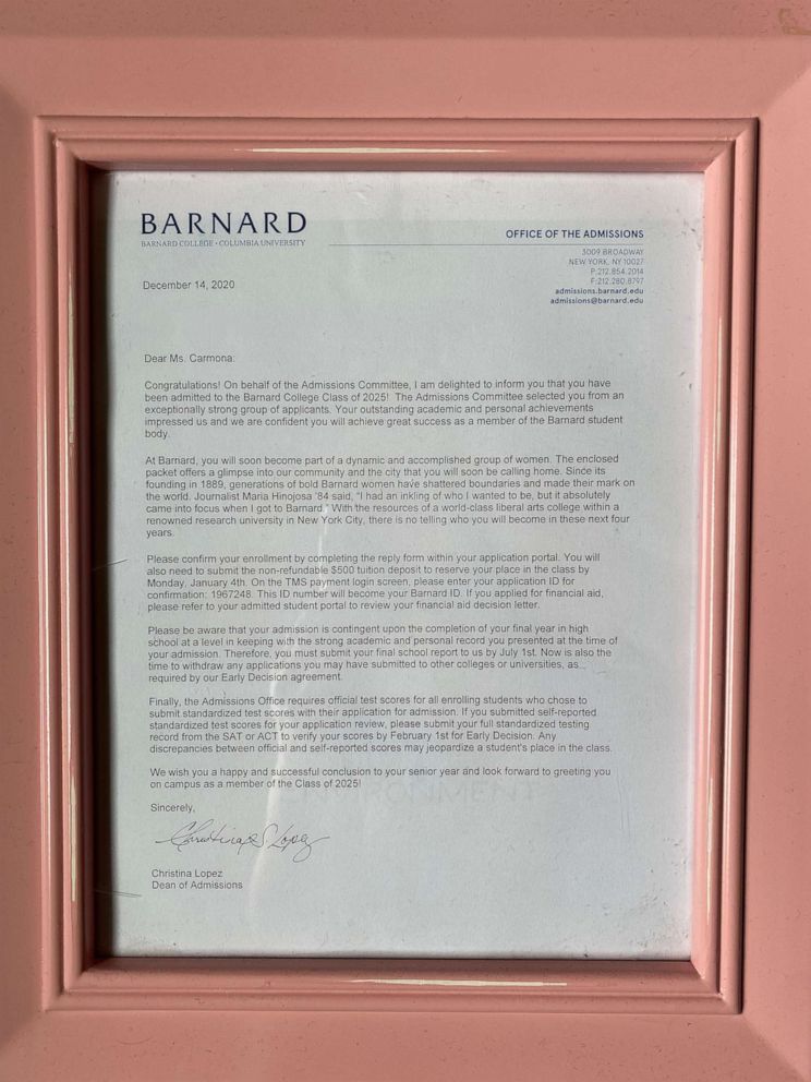 PHOTO: Alondra Carmona, 18, a senior at Yes Prep East End in Houston, Texas, was recently accepted to Barnard College-- an elite Ivy League liberal arts college for women located in New York City. Seen in this photo is Alondra's acceptance letter.