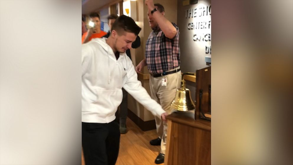 PHOTO: Matt Driscoll, a 19-year-old college student from Akron, Ohio, rang a bell to signify he is cancer-free after fighting leukemia for over three years at Akron Children's Hospital.