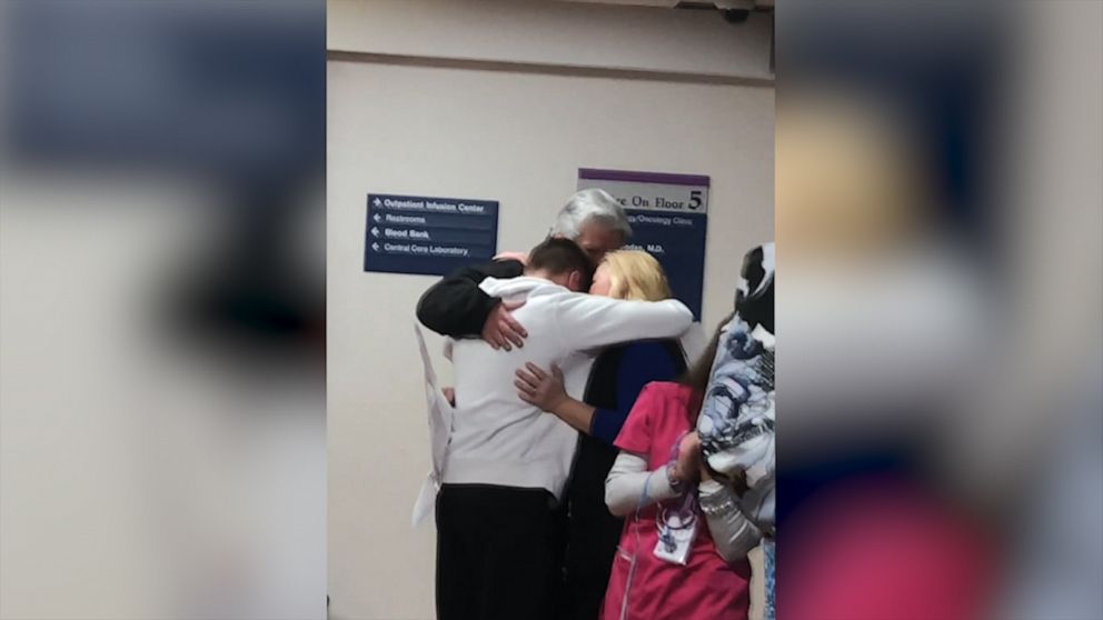 PHOTO: Now cancer-free, Matt Driscoll walked down the hall at Akron Children's Hospital in Ohio, to take part in a bell ringing ritual. In the video, which has been viewed by millions on Twitter, Driscoll sheds tears as his friends and family cheered.