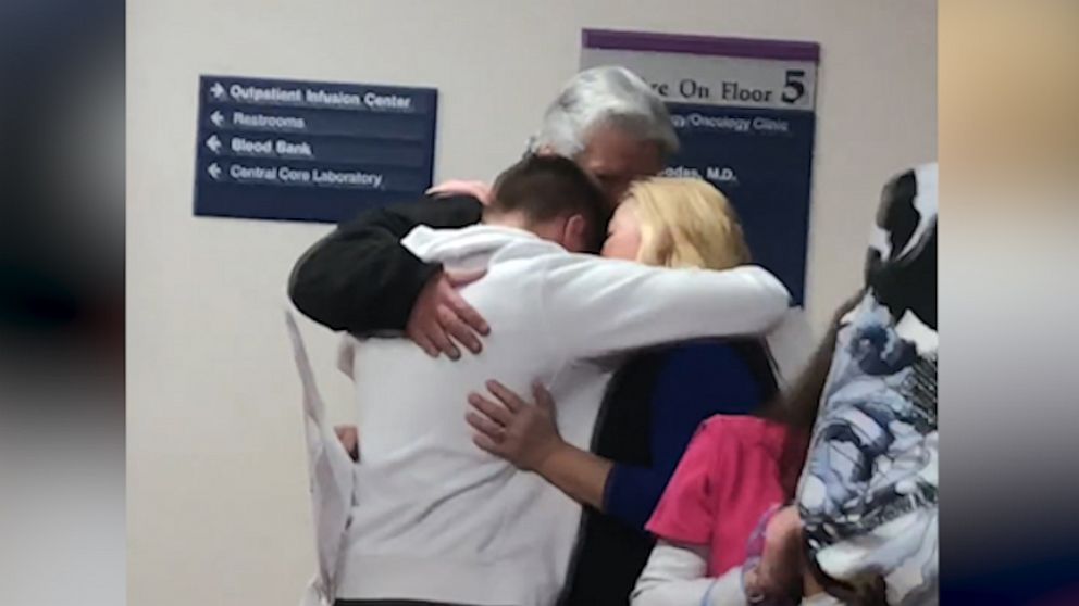 PHOTO: Now cancer-free, Matt Driscoll walked down the hall at Akron Children's Hospital in Ohio, to take part in a bell ringing ritual. In the video, which has been viewed by millions on Twitter, Driscoll sheds tears as his friends and family cheered.