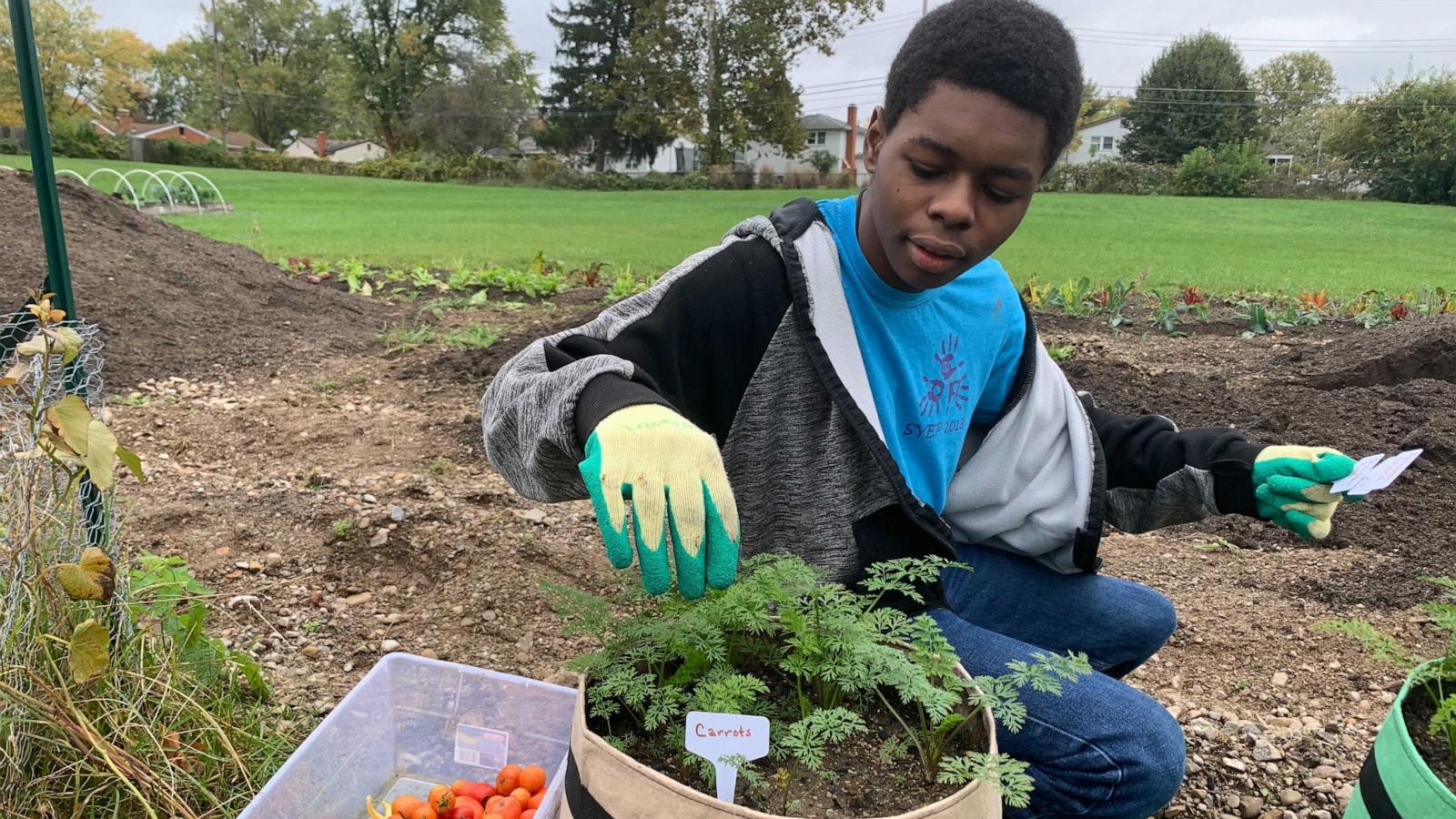 PHOTO: Te'Lario Watkins II tends to carrots in a vegetable garden for his nonprofit, The Garden Club Project.