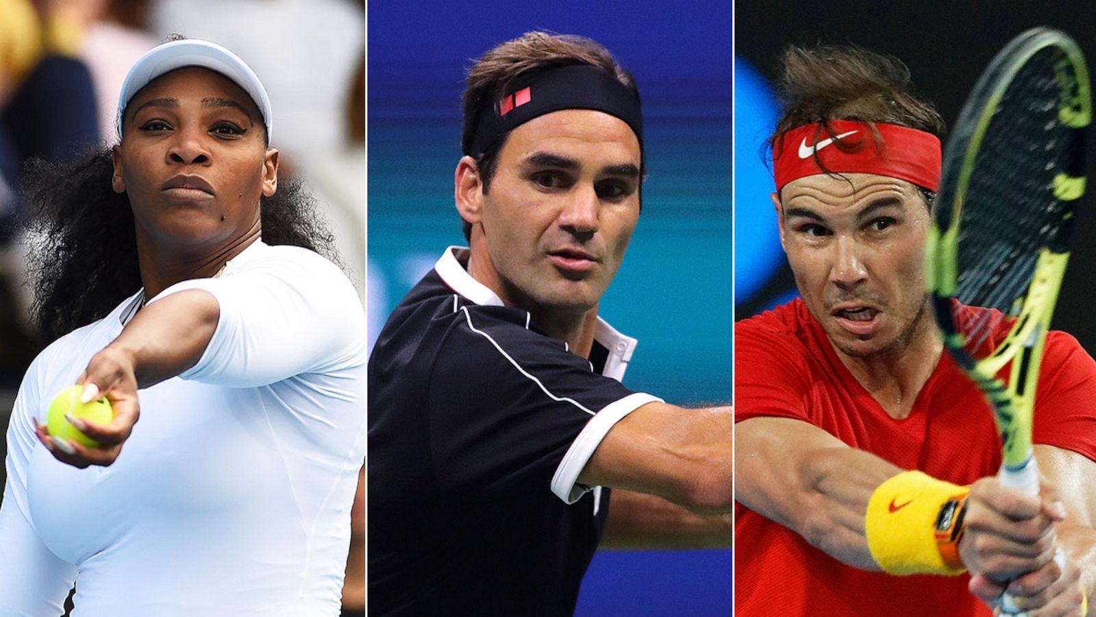 PHOTO: Serena Williams serves during a match in Auckland, New Zealand, Jan. 7, 2020. Roger Federer during a match in New York, Sept. 3, 2019. Rafael Nadal during a match in Perth, Australia, Jan. 6, 2020.