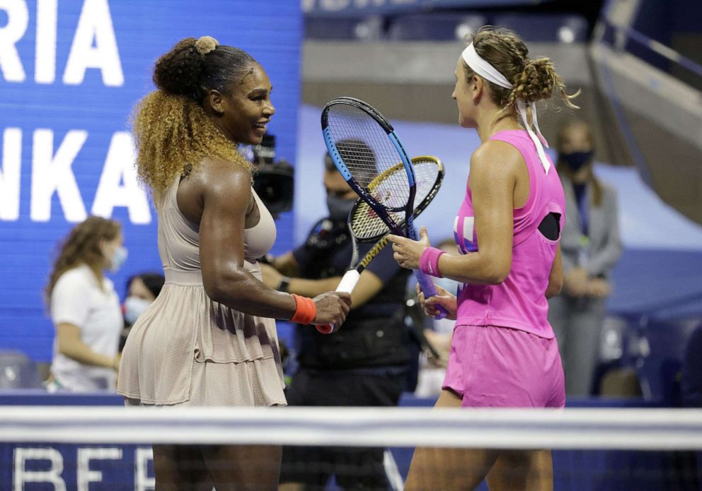 PHOTO: Victoria Azarenka and Serena Williams at the net after their Women's Semifinal match in Flushing Meadows, N.Y., Sept. 10, 2020.