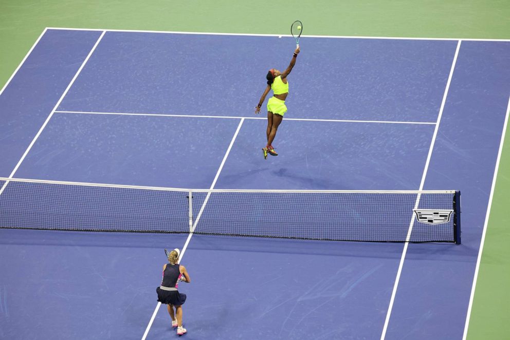 PHOTO: Coco Gauff, of the United States, returns a shot to Laura Siegemund, of Germany, during the first round of the U.S. Open tennis championships, Aug. 28, 2023, in New York.