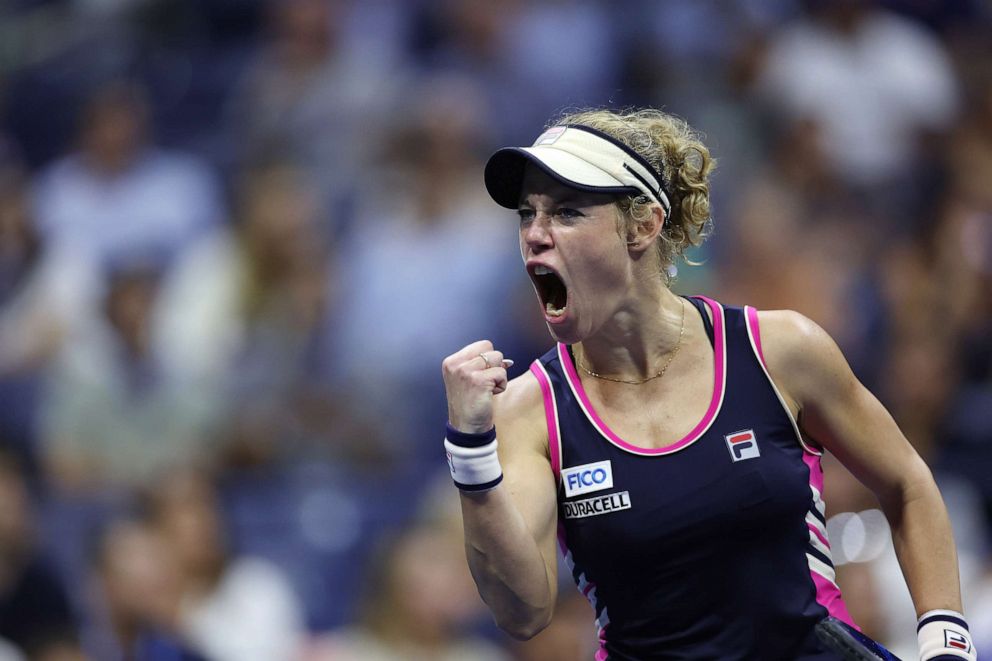 PHOTO: Laura Siegemund celebrates a point against Coco Gauff during their Women's Singles First Round match at the USTA Billie Jean King National Tennis Center on Aug. 28, 2023 in the Flushing neighborhood of the Queens borough of New York City.