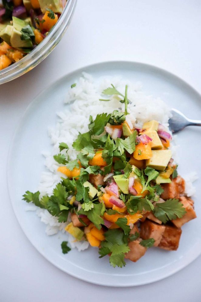 PHOTO: Teriyaki marinated tofu over rice with mango salsa.