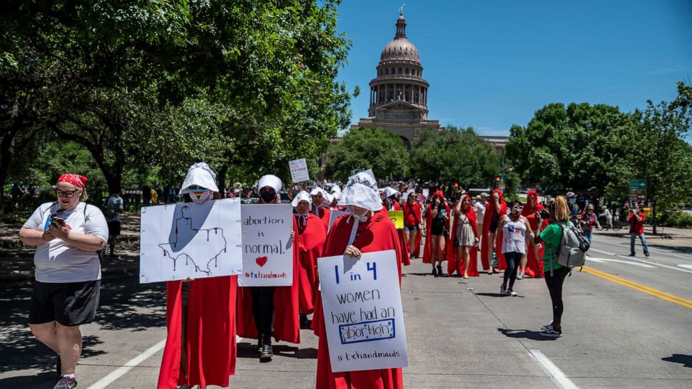 PHOTO: Abortion rights protesters march outside the Texas state capitol, May 29, 2021, in Austin, Texas.