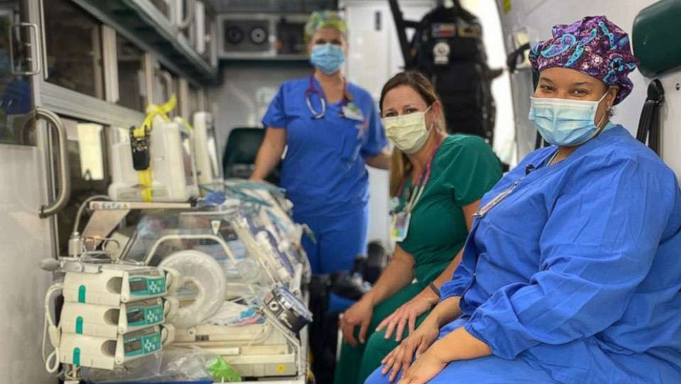 PHOTO: NICU nurses from CHRISTUS Southeast Texas Health System in Beaumont, Texas, rescued babies from the NICU at a Hurricane Laura-damaged hospital in Lake Charles, Louisiana.