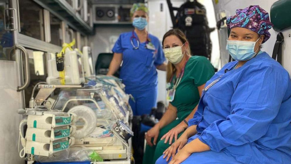 PHOTO: NICU nurses from CHRISTUS Southeast Texas Health System in Beaumont, Texas, rescued babies from the NICU at a Hurricane Laura-damaged hospital in Lake Charles, Louisiana.