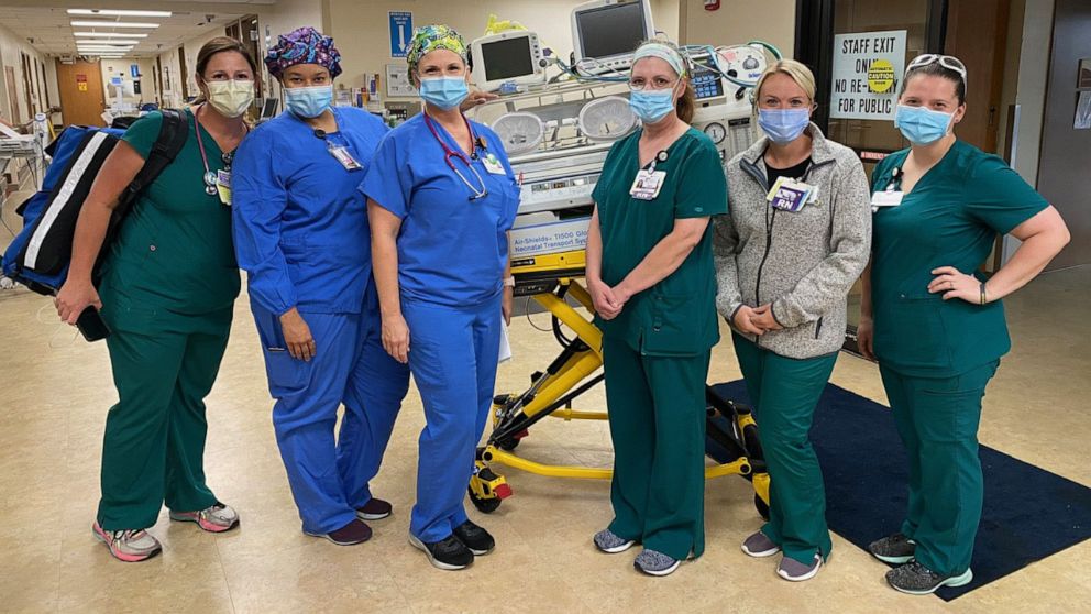 PHOTO: NICU nurses from CHRISTUS Southeast Texas Health System in Beaumont, Texas, rescued babies from the NICU at a Hurricane Laura-damaged hospital in Lake Charles, Louisiana.