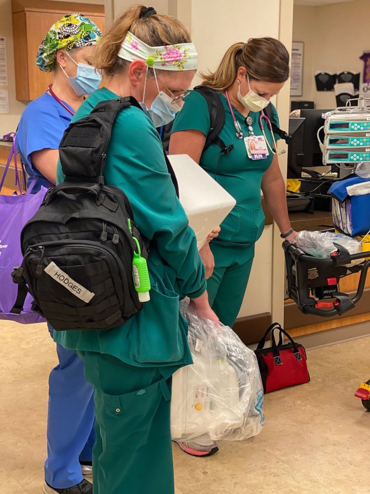 PHOTO: NICU nurses from CHRISTUS Southeast Texas Health System in Beaumont, Texas, rescued babies from the NICU at a Hurricane Laura-damaged hospital in Lake Charles, Louisiana.