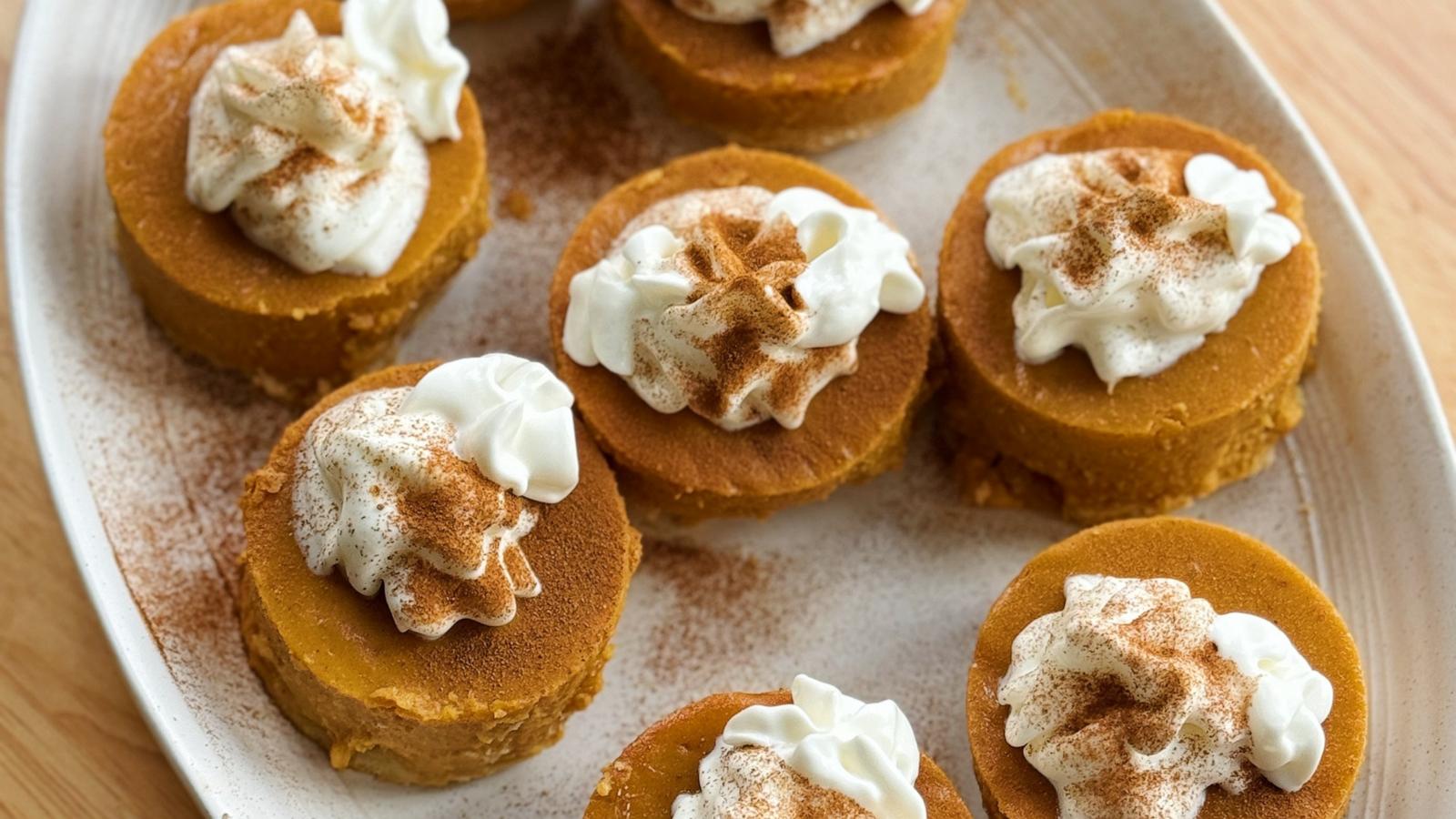 PHOTO: Mini pumpkin pie rounds topped with whipped cream for Thanksgiving.