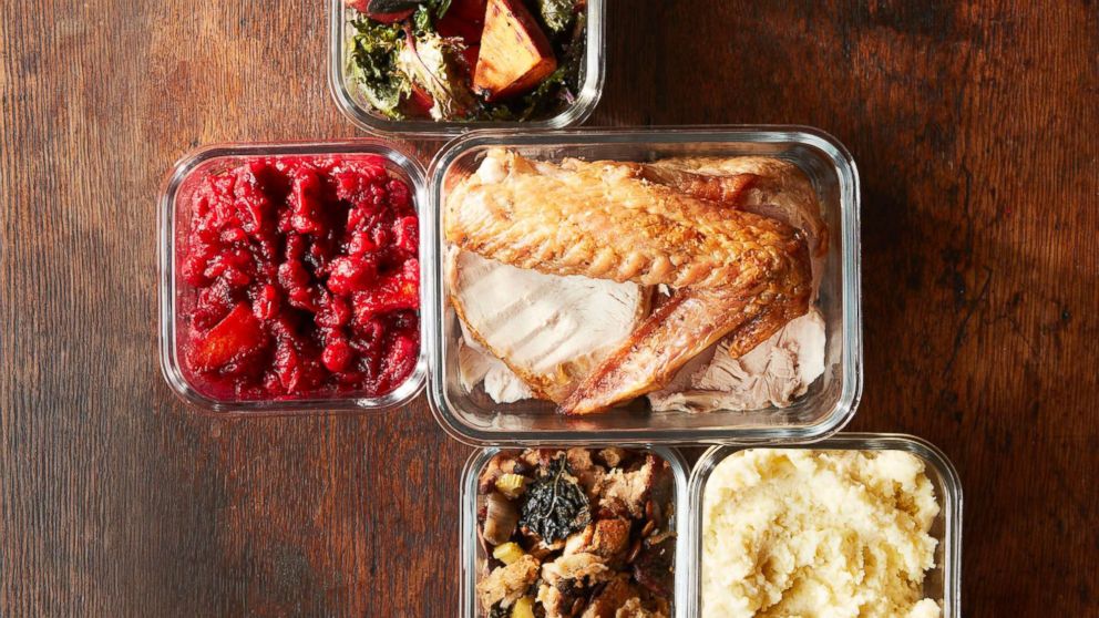 PHOTO: Stock photo of traditional Thanksgiving menu items in containers.