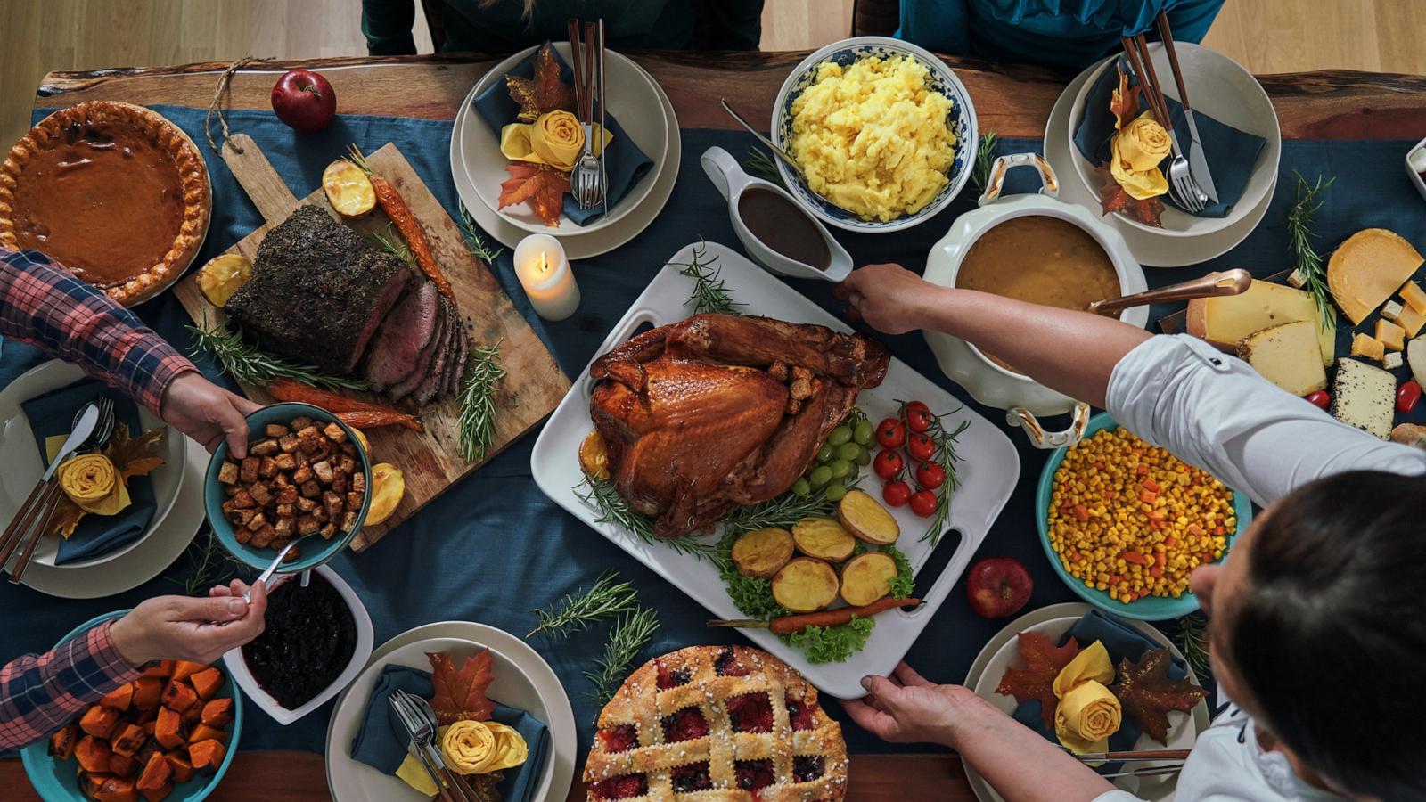 PHOTO: In an undated stock photo, a Thanksgiving meal is seen from overhead.