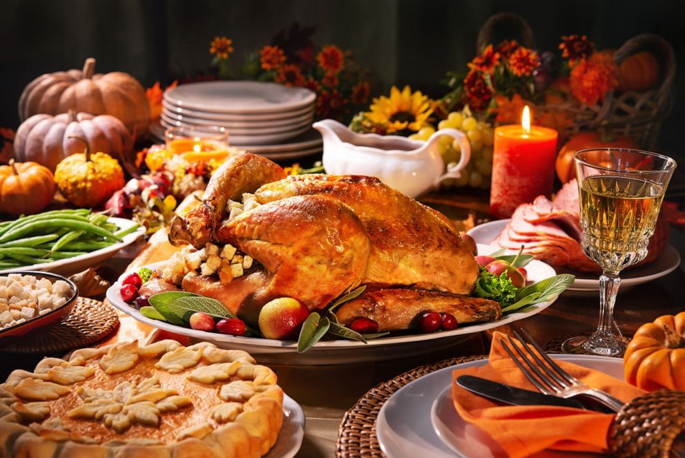 PHOTO: Roasted turkey garnished with cranberries is served on a Thanksgiving table in an undated stock image.