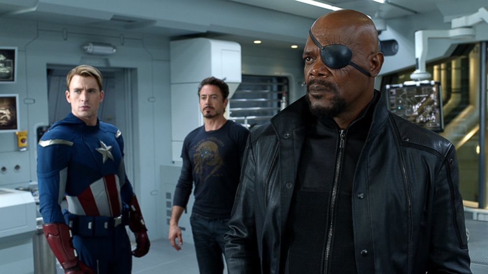 PHOTO: Samuel L. Jackson, Chris Evans and Robert Downey Jr. appear in a still from 'The Avengers.'