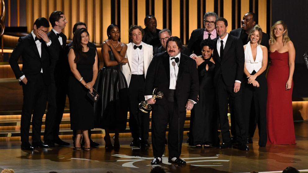 PHOTO: Canadian chef and actor Matty Matheson speaks as the cast and crew of "The Bear" accept the award for Outstanding Comedy Series onstage during the 75th Emmy Awards at the Peacock Theatre at L.A. Live in Los Angeles on Jan. 15, 2024.