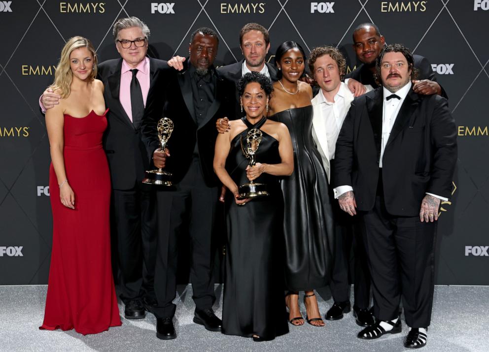 PHOTO: The cast of "The Bear," pose in the press room during the 75th Primetime Emmy Awards at Peacock Theater on Jan. 15, 2024 in Los Angeles.