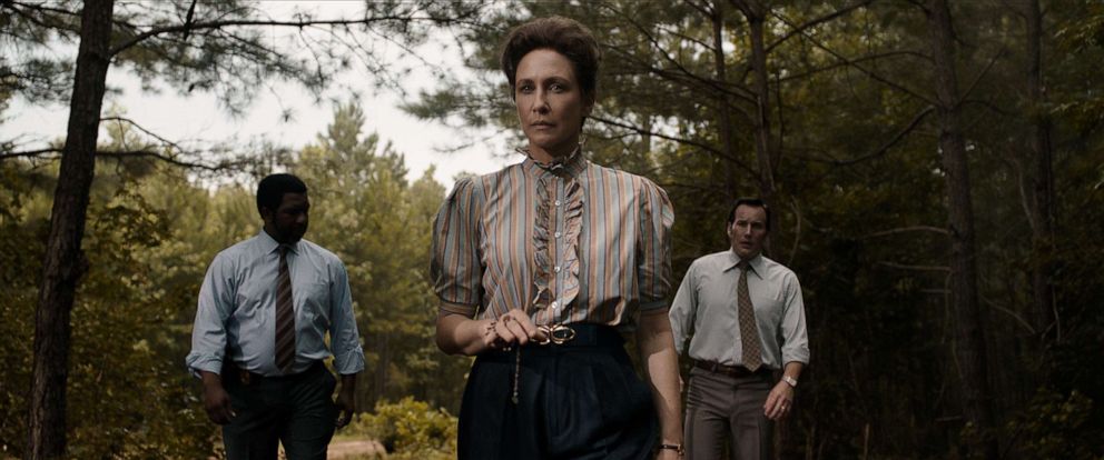 PHOTO: Keith Arthur Bolden as Sgt. Clay, Vera Farmiga as Lorraine Warren and  Patrick Wilson as Ed Warren in a scene from "The Conjuring: The Devil Made Me Do It."
