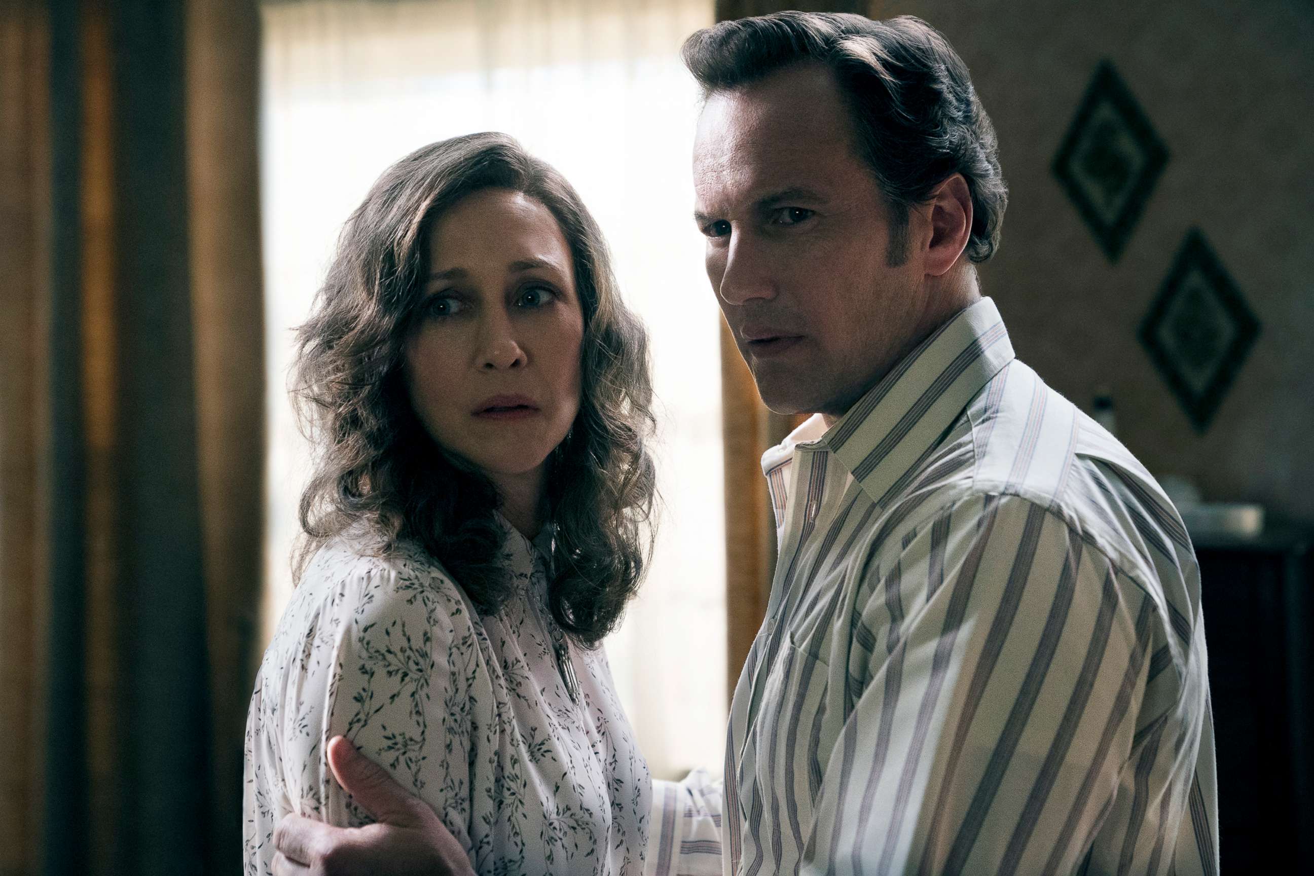 PHOTO: Vera Farmiga as Lorraine Warren and Patrick Wilson as Ed Warren in a scene from "The Conjuring: The Devil Made Me Do It."