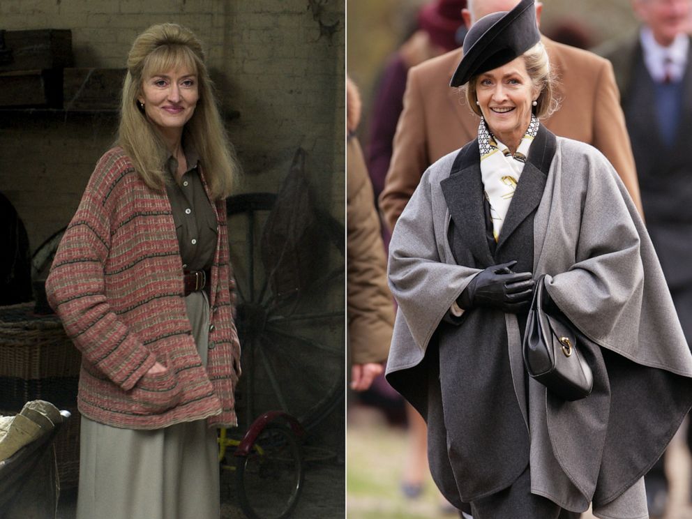 PHOTO: Natascha McElhone appears as Penny Knatchbull in Season 5 of "The Crown." | In this Jan. 15, 2012, file photo, Lady Penny Brabourne attends Sunday service in Norfolk, England.