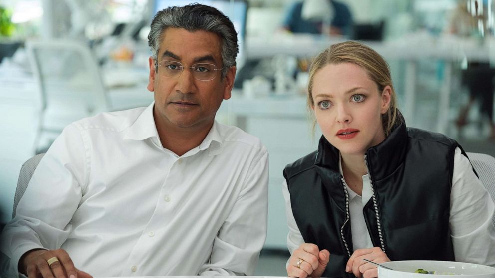 Naveen Andrews, left, and Amanda Seyfried in a scene from "The Dropout."