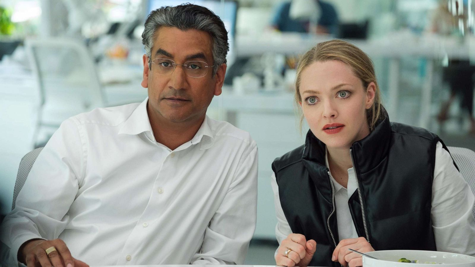 PHOTO: Naveen Andrews, left, and Amanda Seyfried in a scene from "The Dropout."